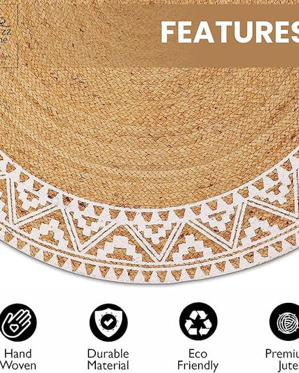 voyzz home Premium Natural Jute Braided Area Rug, 3-feet Round, White Printed Border, Stain Resistance, Natural Handmade Rug for Entryways, Living Room, Dining Room, Bedroom, Farmhouse, Kitchen