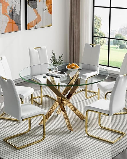 7 Piece Round Dining Table Set for 6, Modern Glass Kitchen Dining Room Table Set for 6, 47" Circle Gold Glass Metal Dining Table with 6 White PU Leather Dining Chairs for Kitchen Dining Room