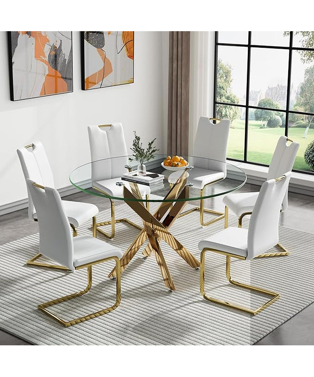 HomVent Round Glass Dining Table Set for 6, 7-Piece Modern Kitchen Table Set with 6 PU Upholstered Chair for Kitchen Dining Room, Glass Dining Room Table Set