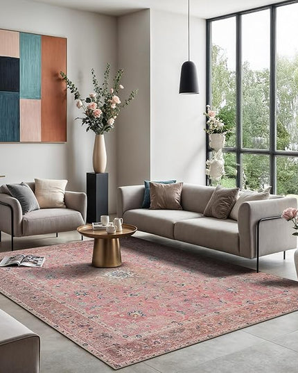 GLN Rugs Traditional Collection - Machine Washable Area Rug, Traditional Washable, Non Slip, Low Pile Chenille Rug, Living Room, Bedroom, Kitchen Rug (9'x12' Pink Vintage)