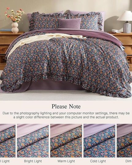 Queen Comforter Set - 7 Pieces Ruffle Deep Forest Bedding Sets, Shabby Chic Farmhouse Bed in a Bag with Ruffle Comforter, Sheets, Pillowcases & Shams