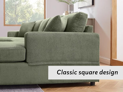 VANOMi 118'' U Shaped Sectional Sofa Couch, Corduroy Fabric Modern Cozy Jumbo Size 4-Seater Living Room Couch, Double Chaise Longue, Olive