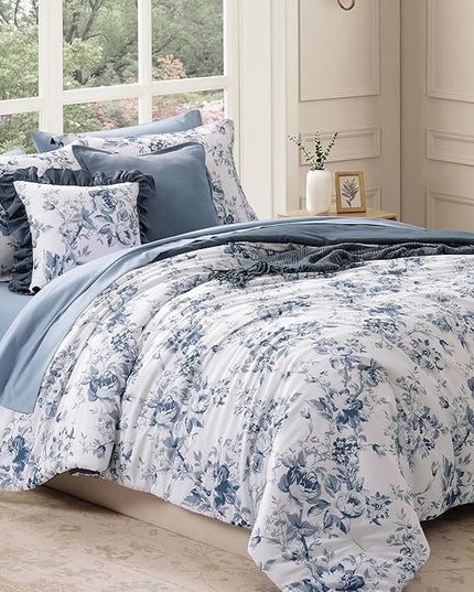 Full Comforter Set -7 Pieces Floral Blue Comforter Set for All Seasons, Bed in a Bag Full with Botanical Flowers Comforter, Sheets, Pillowcases & Shams