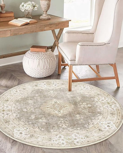 MUJOO Beige Round Rug 4ft,Circle Washable Area Rugs for Bedroom Living Room Bathroom,Vintage Bohemian Distressed Farmhouse Non Slip Circular Carpet,Floral