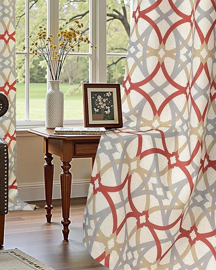 DriftAway Alexander 100% Blackout Curtains for Living Room Linen Blend Pattern Match Thermal Insulated Room Darkening Geo Moroccan Mid Century Back Tab Bedroom Drapes 2 Panels 52 x 108 Inch Linen Red