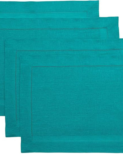 Solino Home Linen Placemats Set of 4 - Classic Hemstitch Teal Placemats 14 x 19 Inch - 100% Pure Linen Table Mats for Christmas, New Year