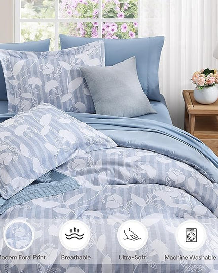 Queen Comforter Set -7 Pieces Blue Floral Comforter Set for All Seasons, Bed in a Bag Queen with Botanical Flowers Comforter, Sheets, Pillowcases & Shams