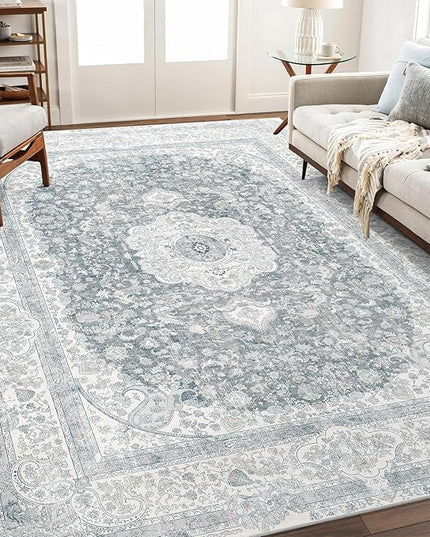 8x10 Area Rugs Washable,Grey Rug for Living Room Bedroom Dining Room,Large Boho Vintage Bohemian Distressed Carpet Non Slip,Floral