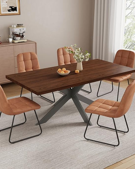 ZckyCine Expandable Dining Table Set for 6-8 People, Modern Rectangular Kitchen Table, 63"-79" Extendable, Walnut Finish, Metal Frame, 6 PU Leather Cushioned Chairs, Easy Assembly