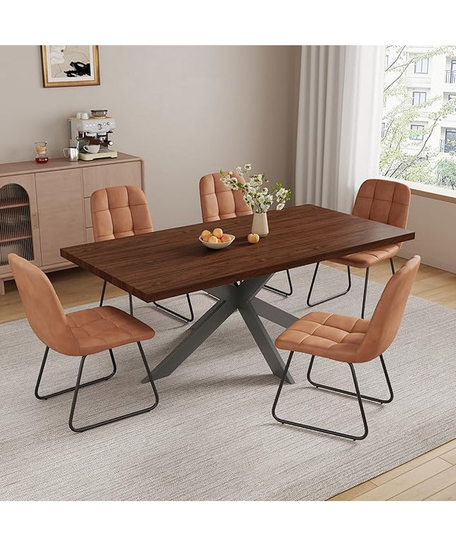 ZckyCine Expandable Dining Table Set for 6-8 People, Modern Rectangular Kitchen Table, 63"-79" Extendable, Walnut Finish, Metal Frame, 6 PU Leather Cushioned Chairs, Easy Assembly