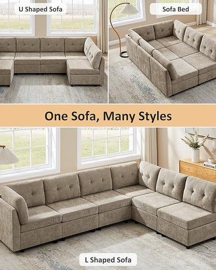 VANOMi 6 Seater Modular Cloud Sofa, 118" Convertible Sectional Cloud Sofas & Couches for Living Room, Comfy Chenille Sectional Couch Sofa for Living Room, Apartment, Office, Camel, L/U Shaped