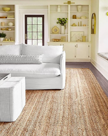 FRELISH DECOR Handwoven Jute Area Rug - 8x10 Feet Natural Yarn - Rustic Vintage Beige Braided Reversible Rectangular Rugs for Bedroom - Kitchen - Living Room - Farmhouse (8' x 10' Natural)