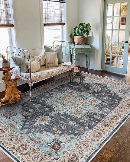 Washable Oriental Area Rug - 5x8 Rugs for Living Room Soft Carpet for Bedroom Waterproof Floral Distressed Indoor Stain Resistant Non-Shedding Floor Carpets (Blue/Teal/Orange, 5x8)