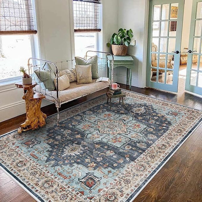 Washable Oriental Area Rug - 5x8 Rugs for Living Room Soft Carpet for Bedroom Waterproof Floral Distressed Indoor Stain Resistant Non-Shedding Floor Carpets (Blue/Teal/Orange, 5x8)