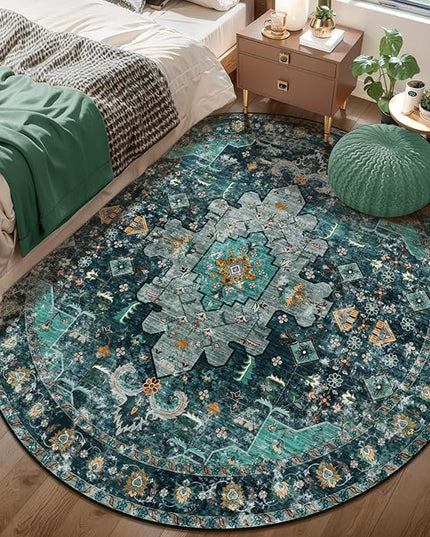 Ciicool Washable Area Rug Round 6’x6’ Teal Boho Bedroom Rug Non-Slip Oriental Carpet Throw Rug Low-Pile Indoor Floor Carpet for Dining Room Living Room Laundry Foyer Decor (Teal/Multi)