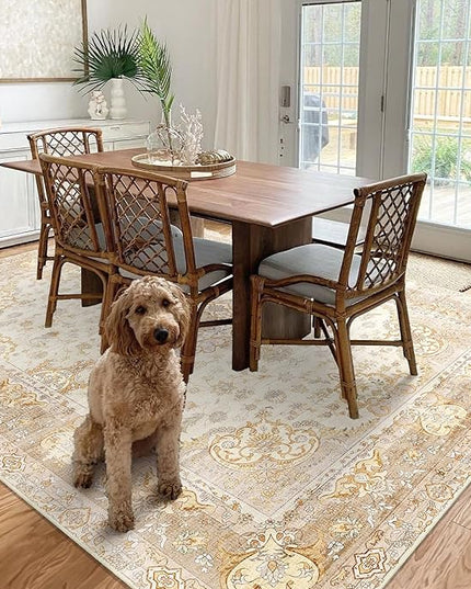 8'x10' Area Rugs Washable,Boho Rug for Living Room Bedroom Dining Room,Large Vintage Bohemian Distressed Oriental Carpet Non Slip,Beige Gold Floral