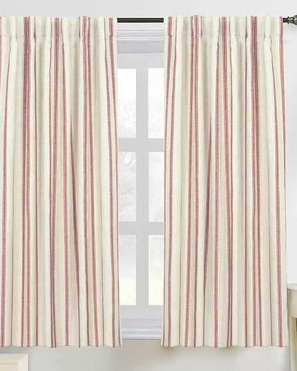 DriftAway Farmhouse Linen Blend Blackout Curtains 54 Inches Long for Bedroom Vertical Striped Printed Linen Curtains Thermal Insulated Lined Treatments for Living Room 2 Panels W52 x L54 Linen Red