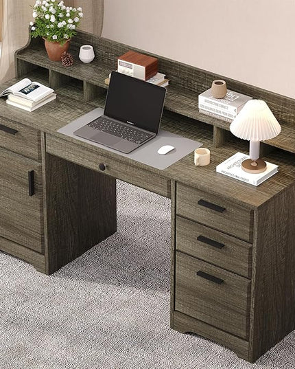 58 Inch Executive Desk with File Drawers, Computer Desk with Storage, Rustic Desk with Adjustable Shelves, Office Desk with Hutch for Bedroom, Grey