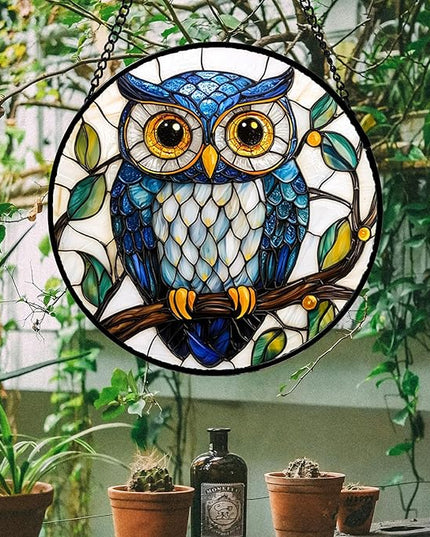 Stained Glass Window Hanging, Owl Gifts for Women Sun Catchers Diamond Glass Panel Hangings Birds Suncatcher Decor for Birthday for Women, Men, Wife, Aunt, and Mom 14.9x14.9 in