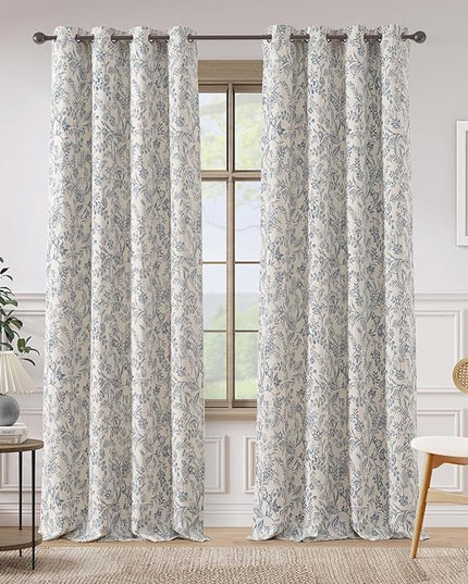 Lazzzy Blue Floral Farmhouse Linen Lined Curtains 96 Inches Length Grommet Top Drapes for Living Room Bedroom Flower Patterned Country Vintage Curtains 2 Panels Set Green on Beige