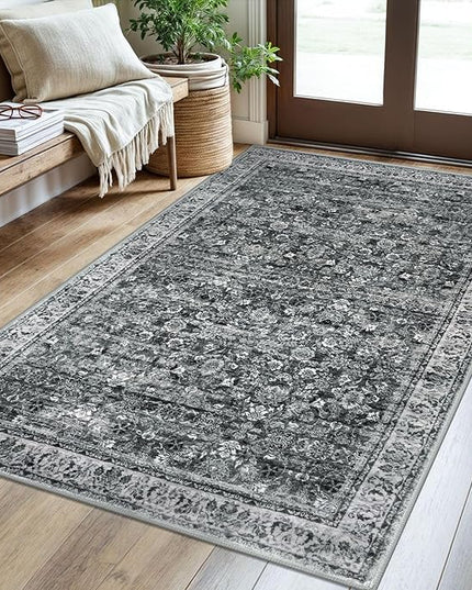 3x5 Washable Area Rug for Entryway, Moss Charcoal Soft Distressed Floral Rug with Non-Slip, Low-Pile Vintage Neutral Area Rugs for Living Room Nursery Bedroom, Dorm Carpet with Non-Shedding