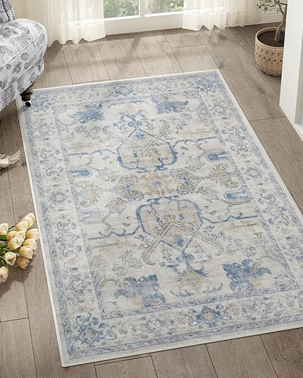 jinchan 3x5 Machine Washable Area Rugs for Entryway - Distressed Vintage Floral Ultra-Thin Low-Pile Soft Non-Shedding Indoor Floor Carpet for Kitchen Bedroom Entrance Laundry Living Room(3x5ft, Blue)
