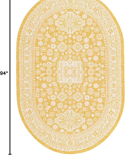 Rugs.com Outdoor Aztec Collection Rug – 5' x 8' Oval Yellow Flatweave Rug Perfect for Living Rooms, Large Dining Rooms, Open Floorplans