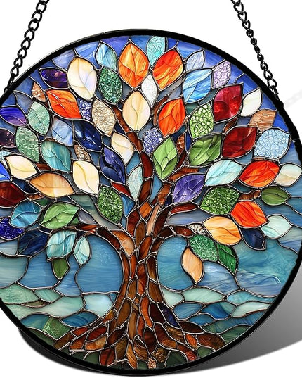 Stained Glass Window Hanging, Colorful Tree of Life Sun Catchers Glass Panel Blue Suncatcher Decor for Birthday for Women, Men, Wife, Aunt, and Mom 14.9x14.9 in