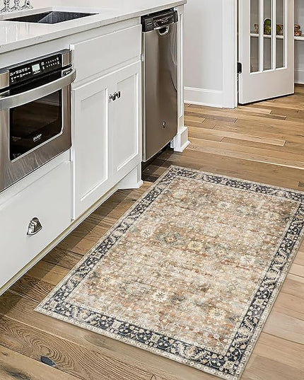 ReaLife Rugs Machine Washable Area Rug - Living Room Bedroom Bathroom Kitchen Entryway Office - Padded Crease Free Stain Resistant Premium - Boho Farmhouse Vintage- BEV- Beige Tan Brown - 2'x 3'