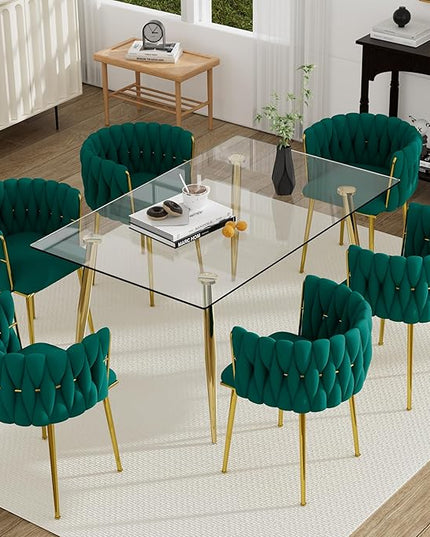 Gold Luxury Glass Dining Table Set for 6, 7 Pcs Clear Glass Top Rectangle Dinner Table Set, 51'' Modern Minimalist Kitchen Table Set, Green Woven Chair, for Small Apartment Living Room