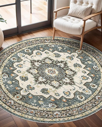 Washable Oriental Area Rug - 4ft Round Rugs for Living Room Soft Carpet for Bedroom Waterproof Floral Distressed Indoor Stain Resistant Non-Shedding Floor Carpets (Blue, 4ft-Round)
