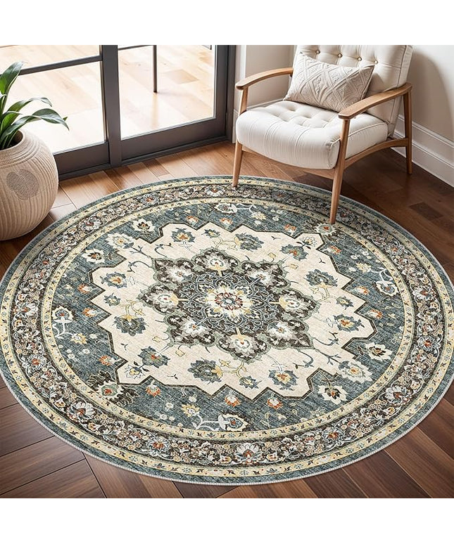 Washable Oriental Area Rug - 6ft Round Rugs for Living Room Soft Carpet for Bedroom Waterproof Floral Distressed Indoor Stain Resistant Non-Shedding Floor Carpets (Blue, 6ft-Round)