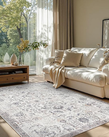 jinchan Kalen Area Rug 5x7 Washable Living Room Rug Vintage Indoor Floor Cover Retro Accent Mat Distressed Gray Floral Country Boho Non Slip Thin Carpet for Bedroom Kitchen Dining Room Office Grey