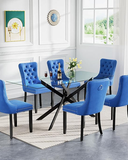 Modern 7-Piece Glass Dining Table Set for 6, Modern 60" Rectangle Black Glass Dining Room Table Set with Blue Velvet Tufted Chairs Wood Legs for Kitchen Dining Room