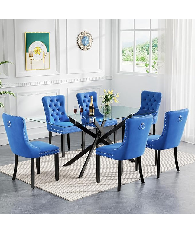 Modern 7-Piece Glass Dining Table Set for 6, Modern 60" Rectangle Black Glass Dining Room Table Set with Blue Velvet Tufted Chairs Wood Legs for Kitchen Dining Room