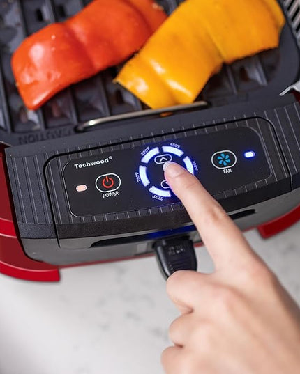 Indoor Smokeless Grill, Techwood 1500W Electric BBQ Grill with Temperature Control, Korean Grill Removable Non-Stick Grill & Griddle Plates, Tempered Glass Lid, Red