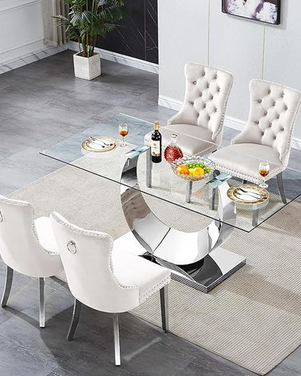 5 Piece Dining Table Set, Modern Glass Dining Table Set for 4, 70" Luxury Glass Table w/Silver Stainless Steel Base & 4 Beige Tufted Chairs, Kitchen Dining Room Sets for 4 for Breakfast Dinner Dinette