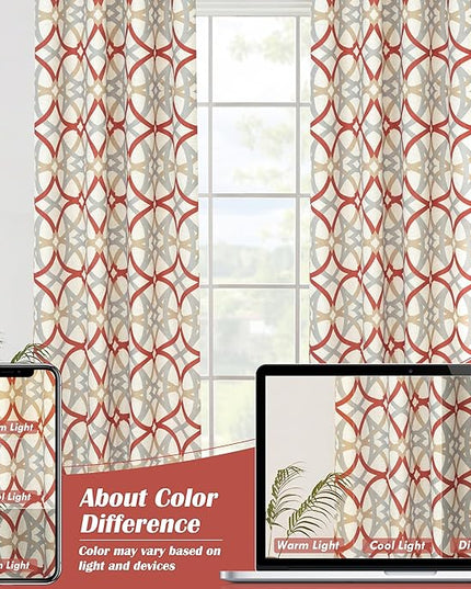 DriftAway Alexander 100% Blackout Curtains for Living Room Linen Blend Pattern Match Thermal Insulated Room Darkening Geo Moroccan Mid Century Grommet Bedroom Drapes 2 Panels 52 x 63 Inch Linen Red