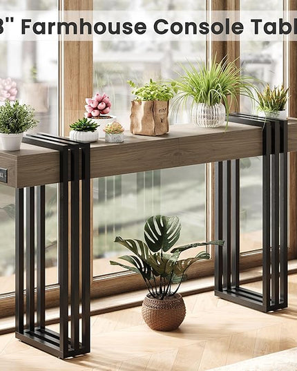 63" Long Console Table for Entryway - Behind Couch Table for Living Room, Wood Sofa Tables with Black Parallel Metal Frame & Power Outlet for Hallway, Entrance, Narrow Foyer, Light Walnut