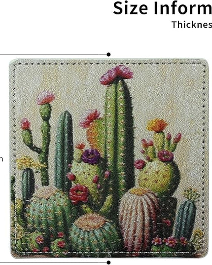Marble Coasters Square Leather Drinks Coaster Set with Holder for Coffee Table Bar Home Decor 4 Inches Set of 6 (Cactus, One Size)