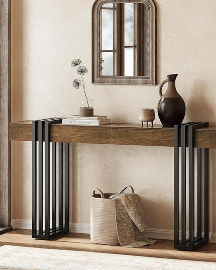 63" Long Console Table for Entryway - Behind Couch Table for Living Room, Wood Sofa Tables with Black Parallel Metal Frame & Power Outlet for Hallway, Entrance, Narrow Foyer, Walnut