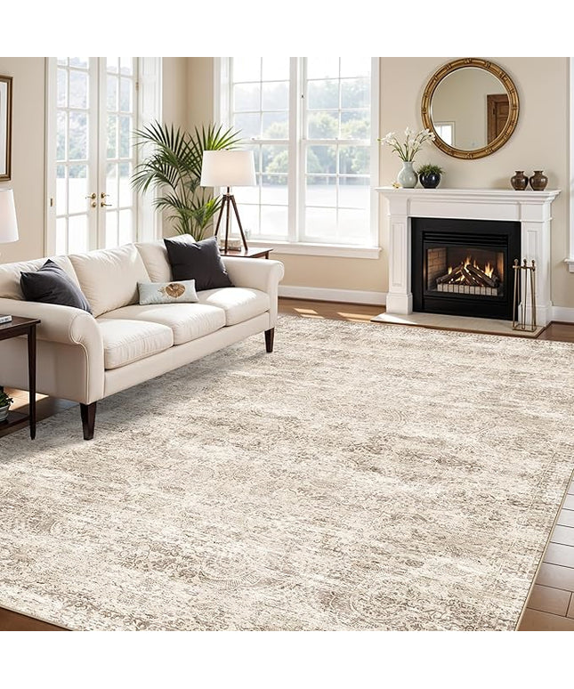 Washable Oriental Area Rug - 9x12 Rugs for Living Room Soft Carpet for Bedroom Waterproof Floral Distressed Indoor Stain Resistant Non-Shedding Floor Carpets (Beige Brown, 9x12)