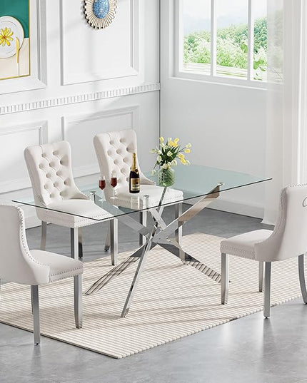 Rectangle Glass Dining Table Set for 4, 60'' Kitchen Table and Chairs Set, 5PCS Modern Dining Room Table Set with 4 Velvet Dining Chair for Home