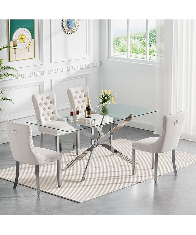 Rectangle Glass Dining Table Set for 4, 60'' Kitchen Table and Chairs Set, 5PCS Modern Dining Room Table Set with 4 Velvet Dining Chair for Home