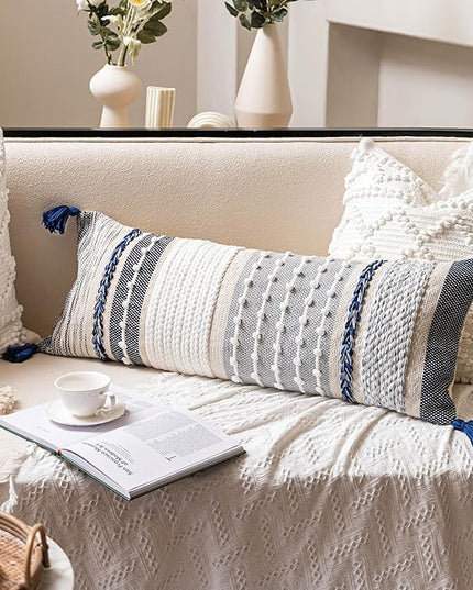 BlissBlush Navy Dark Blue Boho Decorative Lumbar Pillow Cover 14x36, Long Body Pillow for Bed, Accent Lumbar Throw Pillow for Couch, Modern Farmhouse Textured Pillowcase