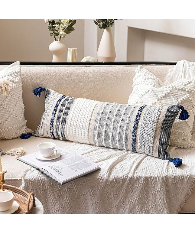 BlissBlush Navy Dark Blue Boho Decorative Lumbar Pillow Cover 14x36, Long Body Pillow for Bed, Accent Lumbar Throw Pillow for Couch, Modern Farmhouse Textured Pillowcase