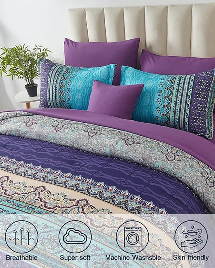 Cottolester Boho Comforter Set King Size 8 Piece Bed in a Bag Bohemian Striped Bedding Quilt Set Aqua Paisley Floral Comforter and Sheet Set,Soft Microfiber Complete Bedding Sets for All Season