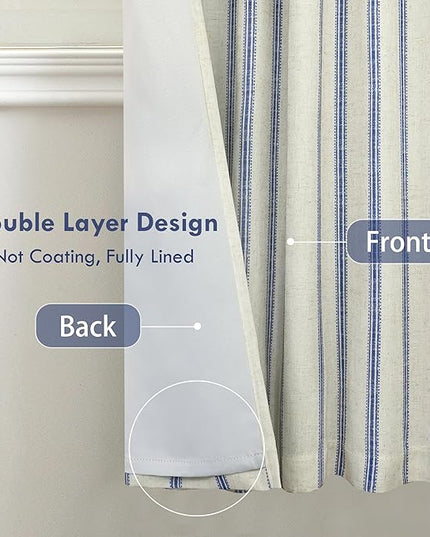 DriftAway Farmhouse Linen Blend Blackout Curtains 63 Inches Long for Bedroom Vertical Striped Printed Linen Curtains Thermal Insulated Lined Treatments for Living Room 2 Panels W52 x L63 Linen Navy