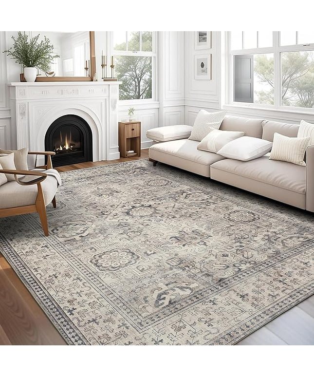 ReaLife Rugs Machine Washable Area Rug - Living Room Bedroom Bathroom Kitchen Entryway Office - Padded Low Pile Stain Resistant Premium - Boho Farmhouse Vintage - Paz - Beige Gray Ivory 7'6" x 9'6"