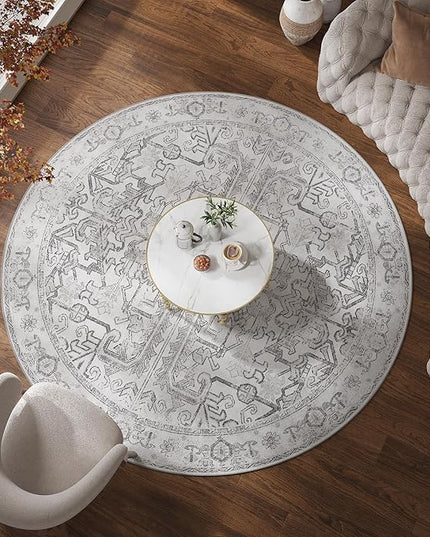 jinchan Lima Round Rug 8ft Vintage Machine Washable Area Rug Indoor Circle 8' Ultra-Thin Non-Slip Floral Print Carpet for Farmhouse Entryway Dining Room Living Room Bedroom Office (8'Round, Grey)